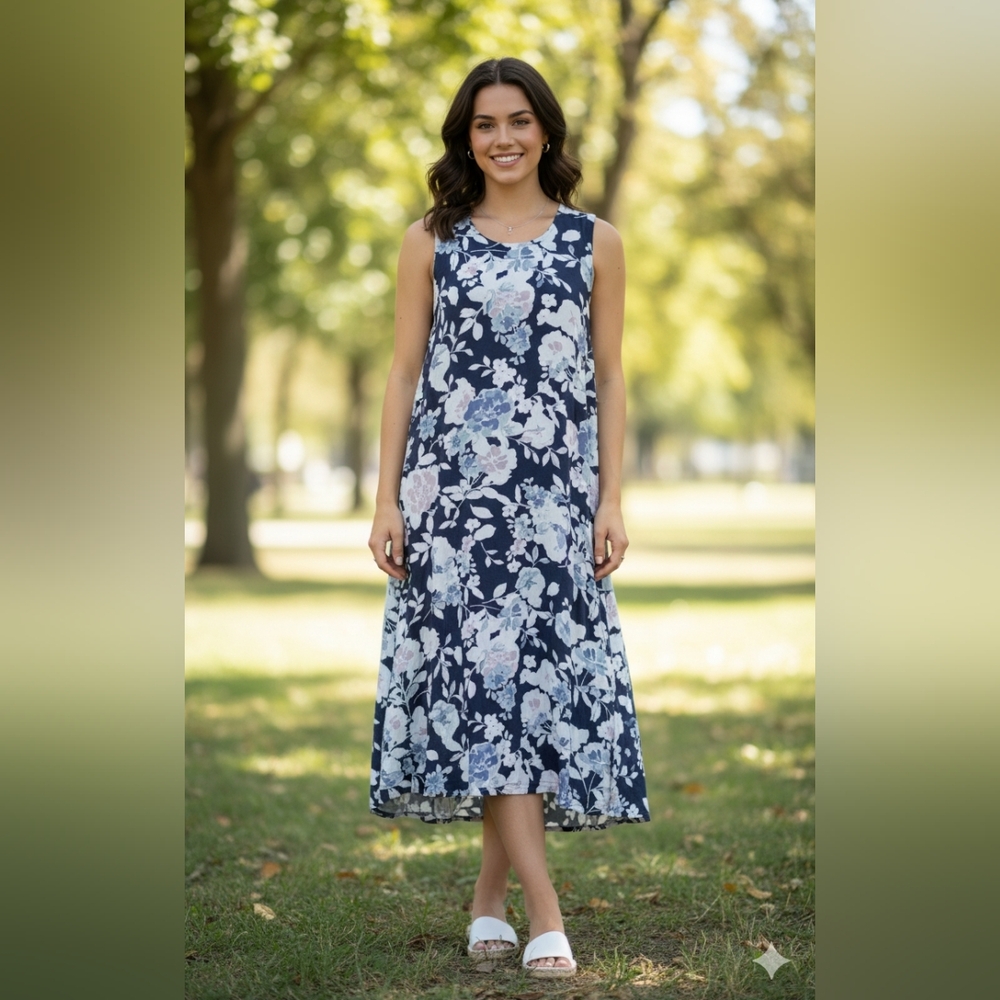 J. Jill Navy Blue Floral High & Low Hems Midi Dress